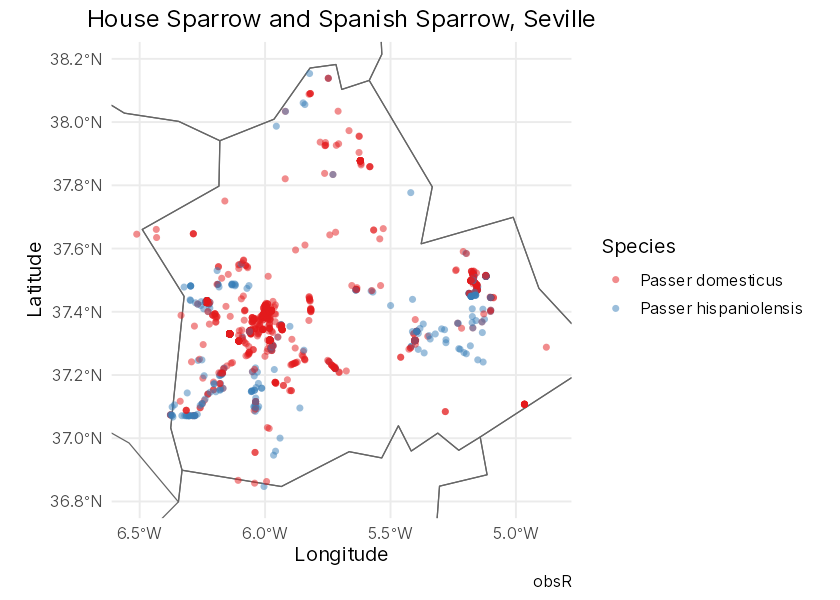 Map of House Sparrow and Spanish Sparrow observations in Seville, each species a different colour